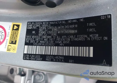 2018 Toyota Highlander Xle z USA, uszkodzony, nr VIN 5TDJZRFHXJS539252